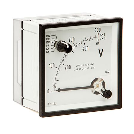 Analoges Dreheisenmessgerät für Wechselspannung mit eingebautem Messstellenumschalter, Voltmeter, Typ EQN/U, 72x72 mm, 96x96 mm, 144x144 mm