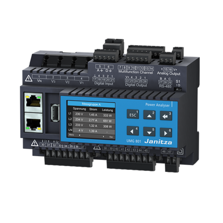 Modulares Energiemessgerät UMG 801. Das Janitza UMG 801 ist die All-in-One Energiemonitoring Lösung und bietet diverse Kommunikationsschnittstellen und ermöglicht eine direkte Datenübertragung via OPC UA an übergeordnete Systeme, wodurch eine kostspielige